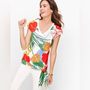 Talbots Tropical Print Floral V-Neck Top with Side Tie